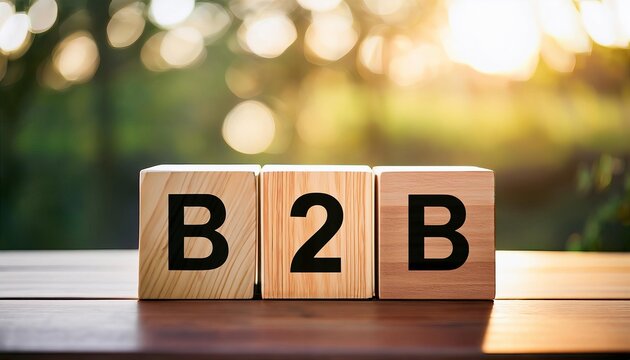 The image features wooden blocks displaying "B2B," symbolizing business-to-business relationships against a blurred natural background.