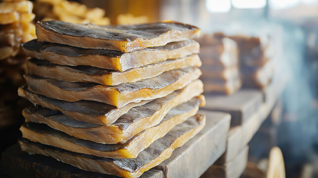 Drying hakarl, traditional Icelandic method for preparing fermented shark meat in Iceland