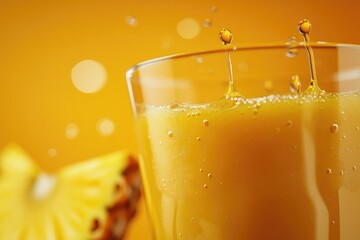 Refreshing pineapple juice with summer vibes on orange background.