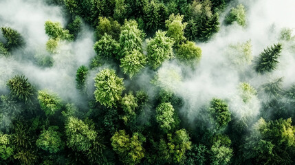 Obraz premium Ai-generated aerial view of lush evergreen forests surrounded by misty mountains for nature enthusiasts