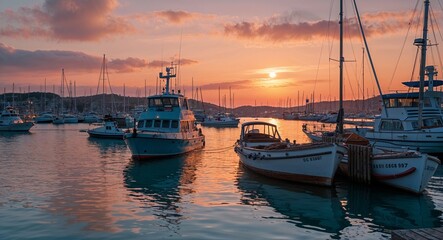 Fototapeta premium Calm Harbor with Boats at Sunset