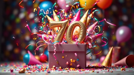 A pink gift box overflowing with colorful confetti and party hats, celebrating a milestone birthday with golden balloons spelling out the number seventy