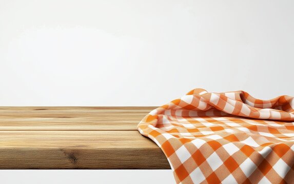 Empty wooden table with orange checkered tablecloth.