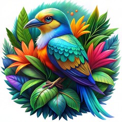 Vibrant Tropical Bird with Rainbow Feathers and Surreal Jungle Design