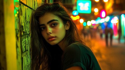 Young Woman Leaning Against Wall City Night Lights