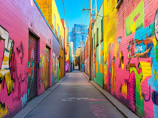 Fototapeta premium Vibrant Alleyway Showcases Colorful Graffiti Art on Brick Walls Under a Clear Sky