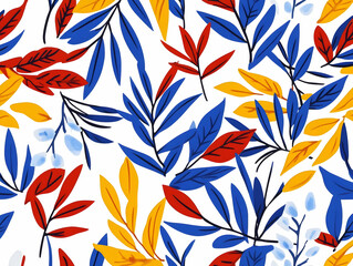 Colorful Floral Pattern Displays Red, Blue, and Yellow Leaves and Berries on a White Background