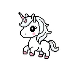 Fototapeta premium Adorable Pixel Art White Unicorn with Pink Accents