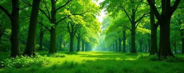 Obraz premium Green forest landscape in a city park surrounded by tall trees and lush foliage , nature scenery, serene atmosphere