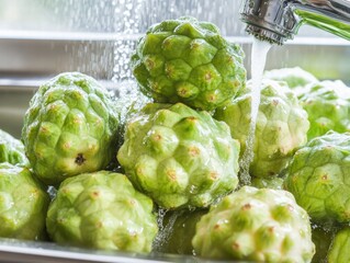 Obraz premium Washing Fresh Custard Apples Farm Fresh Market Food Photography Bright Kitchen Close-Up Wash Concept