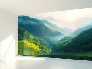 Panoramic mountain valley landscape mural in modern interior.