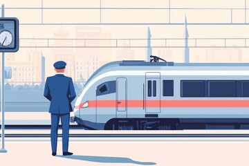 A man in a hat waiting for a train at the station, a flat design illustration in a vector style.