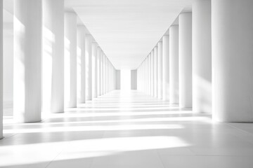 Fototapeta premium A wide, empty concrete corridor with symmetrical columns and a white light beam illuminating the center of it. 