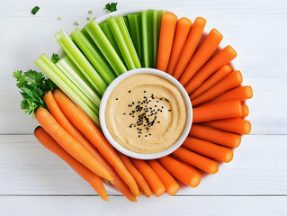 Fresh Carrot and Celery Sticks with Hummus Dip Arranged on a White Plate for Healthy Snacking