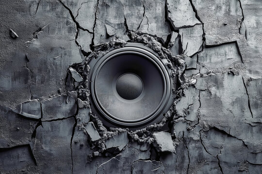 Dynamic sound experience with black subwoofer bursting through cracked concrete wall