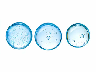 Three Transparent Blue Gel Spheres with Bubbles Isolated on White Background for Science or Beauty Product.