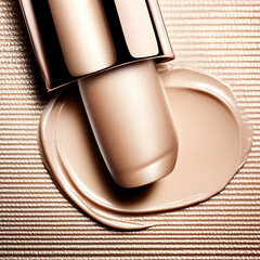 Liquid foundation spills from a rose gold tube onto a textured surface, creating a luxurious and elegant beauty backdrop.