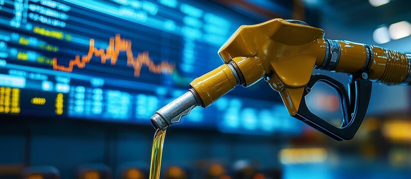 Fuel nozzle with oil dripping against a stock market board background.