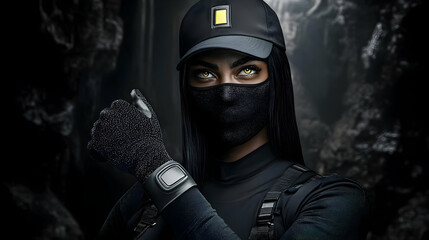 Woman in Black Tactical Gear with Mask and Cap Displays Confidence in Dark Setting