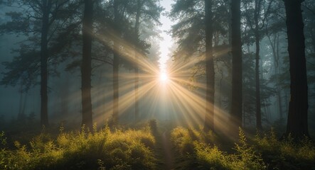 Obraz premium Sunlight Piercing Through a Misty Forest