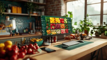 A home office with a focus on healthy living, featuring a computer displaying images of fresh produce, promoting a balanced lifestyle.
