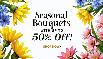 Vibrant design featuring lush wildflowers with the message 'Seasonal Bouquets with Up to 50% Off!'