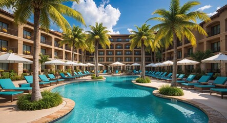 Fototapeta premium Tropical Resort Pool with Loungers and Palm Trees