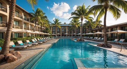 Tropical Resort Pool with Loungers and Palm Trees