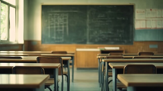 An empty school classroom with desks and chairs arranged neatly, featuring an old chalkboard on the wall.