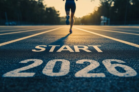 New year "Start 2026" on the starting line of a running track with an athlete runner preparing to start the race, a sport competition concept and business idea or new beginnings.