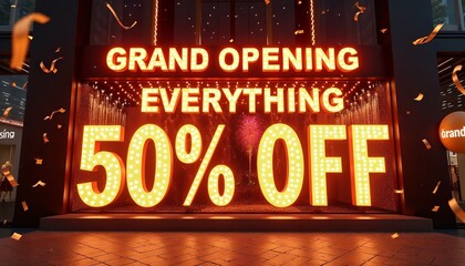 Dazzling storefront design displaying 'GRAND OPENING - EVERYTHING 50% OFF!' with fireworks and confetti