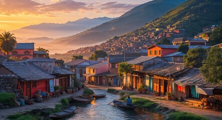 Naklejka premium Vibrant Village Scene at the Break of Dawn