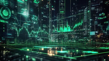 Fototapeta premium Digital stock market background with green glowing financial graphs and charts, dark cityscape background