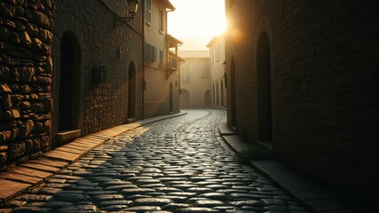 Naklejka premium Cobblestone pathway winding through a historic town, bathed in the golden glow of the morning sun