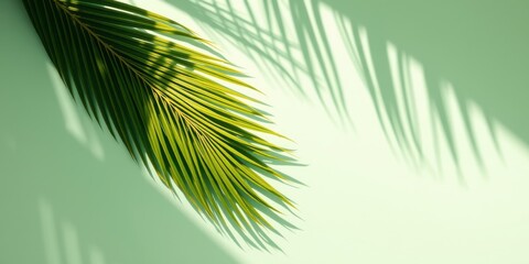 Fototapeta premium A single palm leaf casts a long shadow on a soft green background, showcasing the intricate patterns of nature's light and shade.