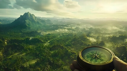 A compass guides through a misty, green jungle landscape, leading towards adventure and discovery.