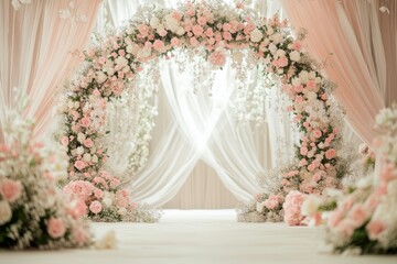 A whimsical fairy-tale wedding backdrop with delicate pink and white flowers, a pastel-colored circular arch adorned with soft tulle curtains.
