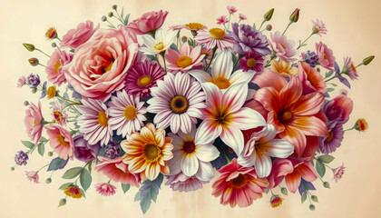 Colorful floral bouquet with various flowers on soft background