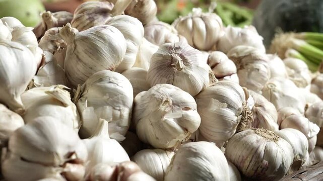 Pile of garlic with abstract shapes. Garlic for cooking seasoning. Abstract shapes, patterns and textures