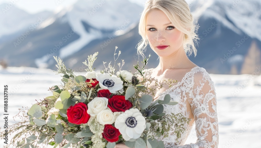 Poster A winter wedding bouquet with anemones, roses, and eucalyptus in shades of red, white and green is held by the bride against a snowy mountain background.