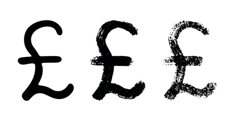 Hand drawn british pound currency symbol set Brush stroke doodle Single element for design