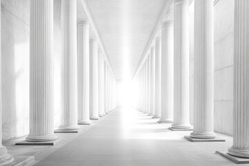 A wide, empty concrete corridor with symmetrical columns and a white light beam illuminating the center of it. 