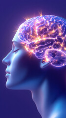 Obraz premium Futuristic Visualization of Human Brain Activity in Young Female Caucasian Profile