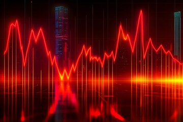 Red Neon Stock Market Graph Over Cityscape at Night: Dramatic Financial Decline Visualization, Abstract Digital Art, Futuristic Urban Background,     