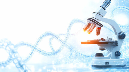 Biotechnology background with elements such as DNA strands, microscopes and molecular structures. Symbolizing the growth and success of technology.