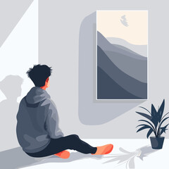 Young man sitting on the floor and looking at a window. Vector illustration
