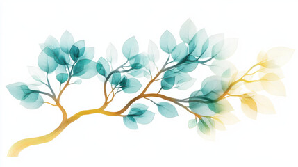 A cut-out style graphic of a surreal golden tree with translucent blue and green leaves, appearing ethereal and delicate, on a stark white background. The tree&acirc;&euro;&trade;s branches stretch like abstract art