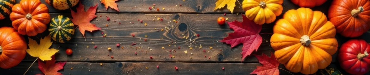 Rustic wooden table, autumn leaves, pumpkins, gourds, copy space , brown, seasonal