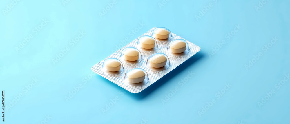 Wall mural Small white pill pack with beige tablets on a serene light blue background showcases minimalistic design and photorealistic detail