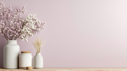 Fototapeta premium Soft Lilac Wallpaper with Gentle Decorative Vases and Flowers